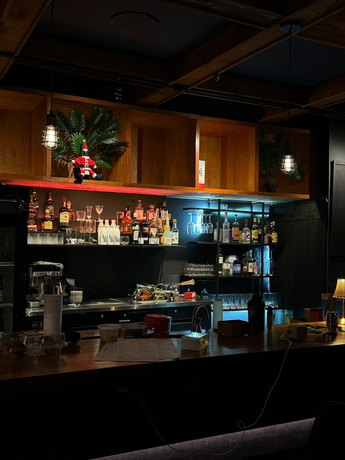The illuminated bar and counter inside Muse
